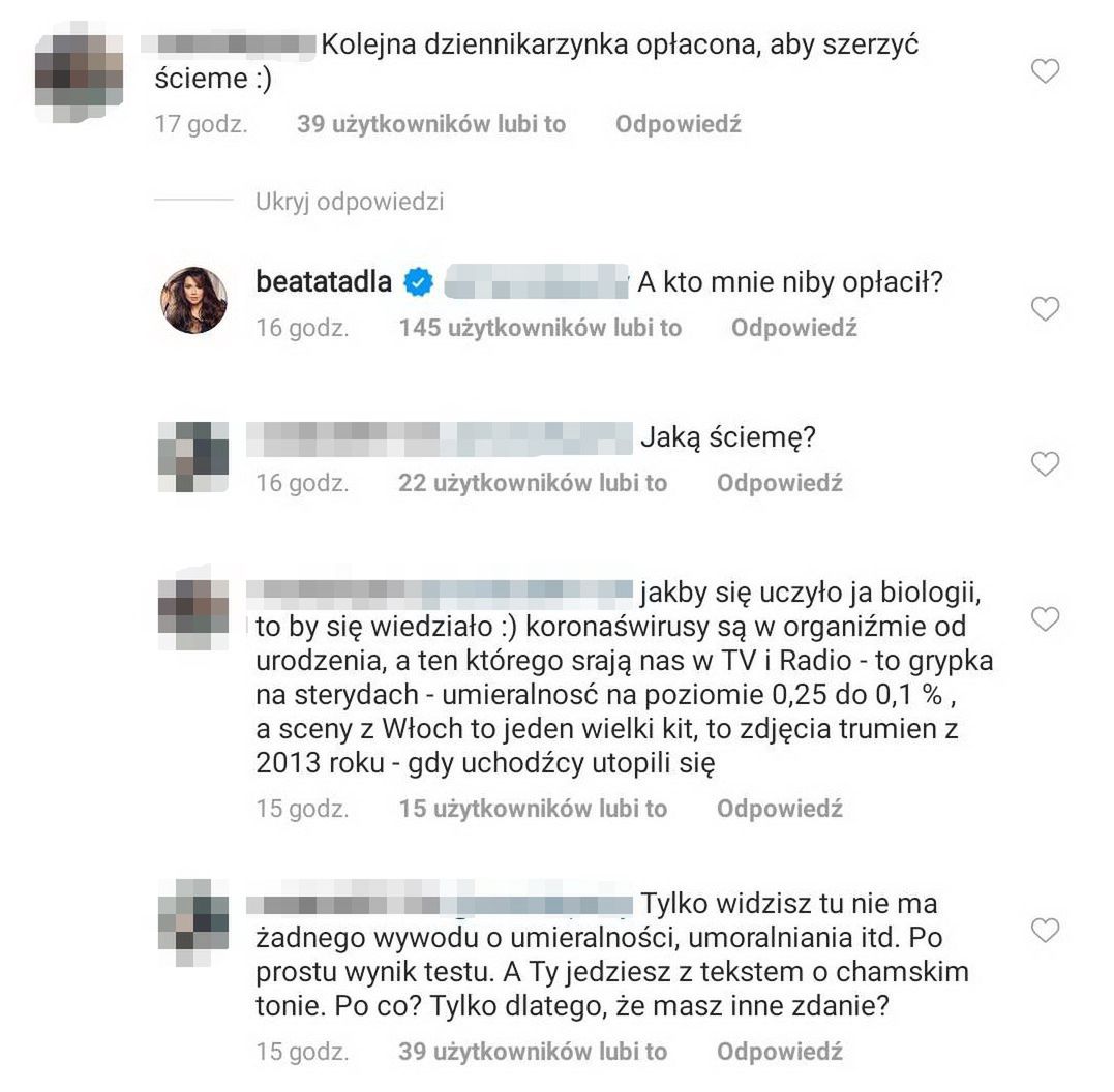 Komentarze pod postem Beaty Tadli
