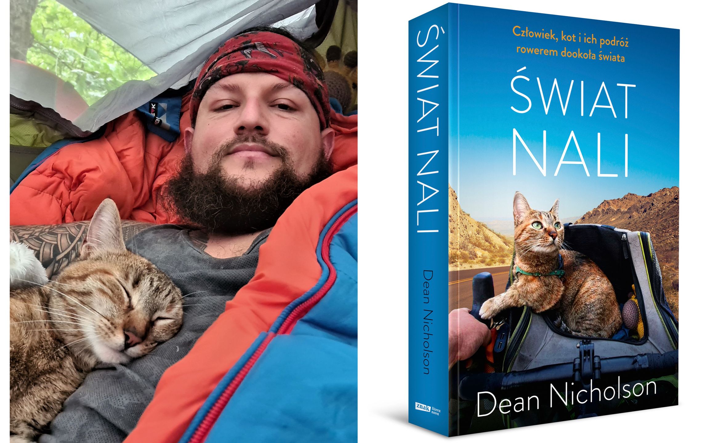 Dean Nicholson i jego kotka Nala oraz okładka książki "Świat Nali"