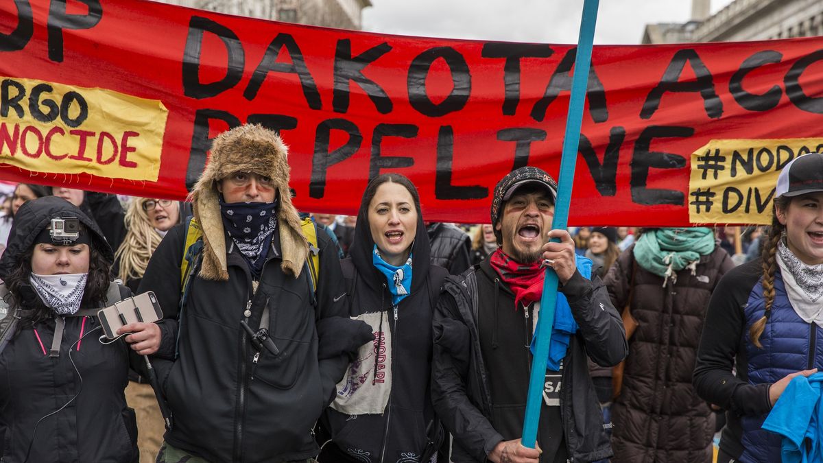Dakota Access Pipeline Protest in Washington
WASHINGTON, USA - March 10: Thousands of people march through Washington to the White House protesting the construction of the Dakota Access Pipeline with members of the Standing Rock Sioux Tribe in Washington, USA on March 10, 2017. (Photo by Samuel Corum/Anadolu Agency/Getty Images)
Anadolu
White House, protest, Native Americans, native american, Dakota Access Pipeline, DAPL, Standing Rock, Sioux