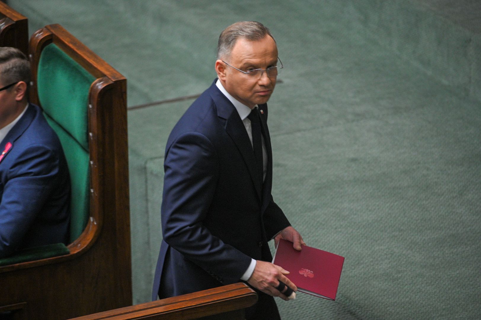 Warszawa, 16.10.2024. Prezydent RP Andrzej Duda na sali plenarnej Sejmu w Warszawie, 16 bm. Prezydent Duda wygłosił orędzie w związku z rocznicą wyborów parlamentarnych z 2023 roku. (amb) PAP/Marcin Obara