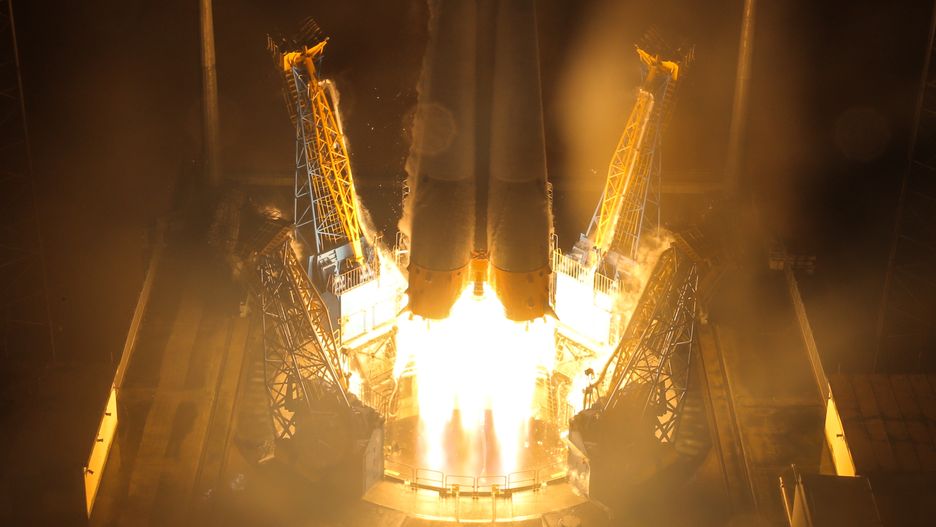 KOUROU, FRENCH GUIANA - DECEMBER 18, 2019: A Soyuz-ST rocket with a Fregat upper stage carrying the CHEOPS telescope (CHaracterising ExOPlanets Satellite) of the European Space Agency, a COSMO-SkyMed satellite, an EyeSat satellite, and two small satellites, lifts off from the Guiana Space Centre. Soyuz rockets are launched from the Guiana Space Centre as part of a collaborative programme between Roscomos and the European Space Agency. Sergei Savostyanov/TASS (Photo by Sergei Savostyanov\TASS via Getty Images)