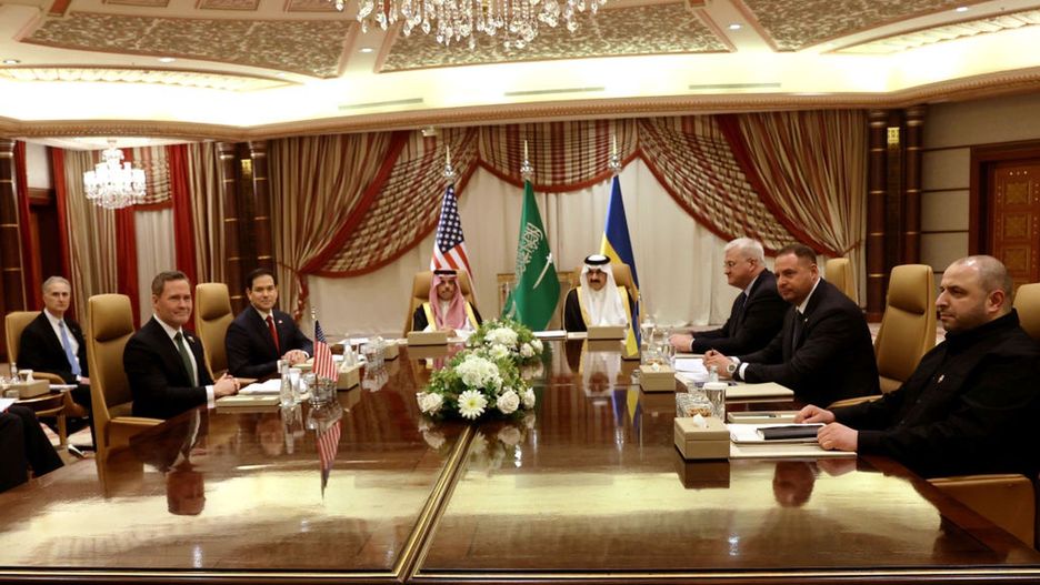 US And Ukrainian Delegations Meet In Saudi Arabia
JEDDAH, SAUDI ARABIA - MARCH 11: (L-R) U.S. National Security Advisor Mike Waltz, U.S. Secretary of State Marco Rubio, Saudi Foreign Minister Faisal bin Farhan and National Security Advisor Mosaad bin Mohammad al-Aiban, Ukrainian Foreign Minister Andrii Sybiha, Ukrainian Head of Presidential Office Andriy Yermak and Ukrainian Minister of Defense Rustem Umerovto attend a meeting between the US and Ukraine hosted by the Saudis on March 11, 2025 in Jeddah, Saudi Arabia. An American delegation led by US Secretary of State Marco Rubio is in Jeddah to attend a high-stakes meeting with Ukrainian officials, in efforts to lay the groundwork for peace negations to end Russia's war in Ukraine. The talks come after Zelensky met with Saudi Crown Prince Mohammed bin Salman on Monday, and in the wake of a recent rift in US-Ukraine relations. (Photo by Salah Malkawi/Getty Images)
Salah Malkawi
