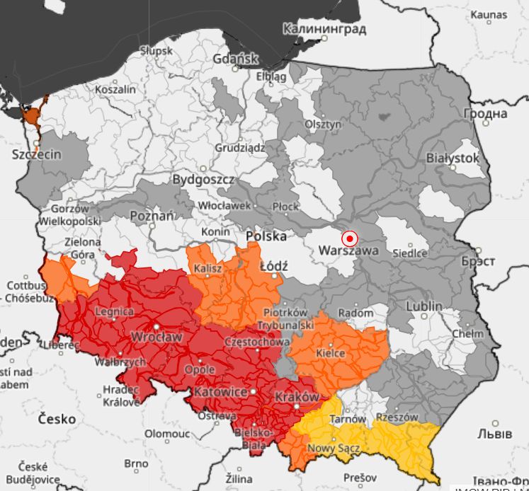 Mapa pokazująca sytuację hydrologiczną w Polsce 16 września