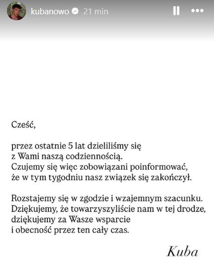 Oświadczenie Kuby Nowosińskiego na Instagramie