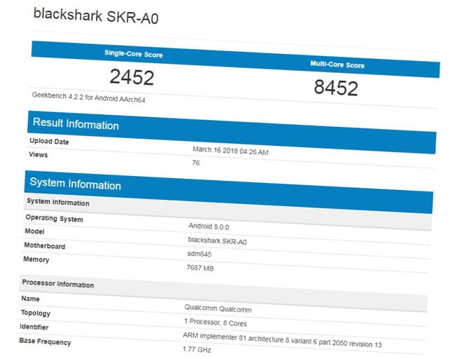 Xiaomi Blackshark w bazie Geekbench