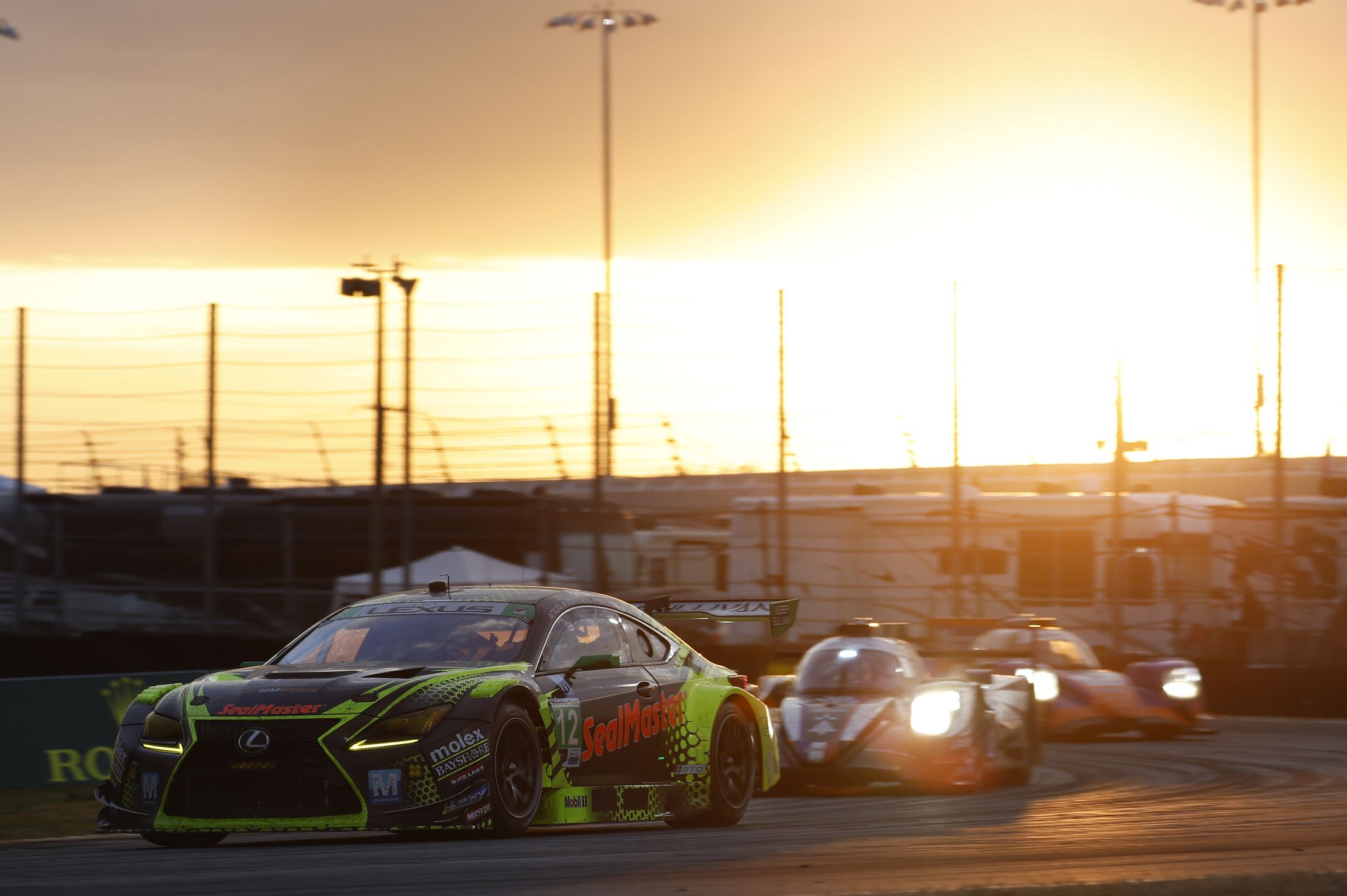 DAYTONA, FL - JANUARY 29: The #12 Vasser Sullivan Lexus RC F GT3 of Aaron Telitz, Frankie Montecalvo, Kyle Kirkwood, and Parker Thompson during the IMSA Rolex 24 at Daytona on January 29, 2023 at Daytona International Speedway in Daytona Beach, Fl. (Photo by David Rosenblum/Icon Sportswire via Getty Images)