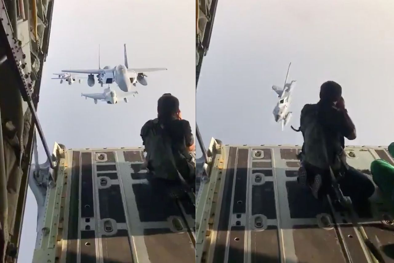 Fotograf kierował myśliwcami z rampy lecącego samolotu. Chciał zrobić doskonałe zdjęcie