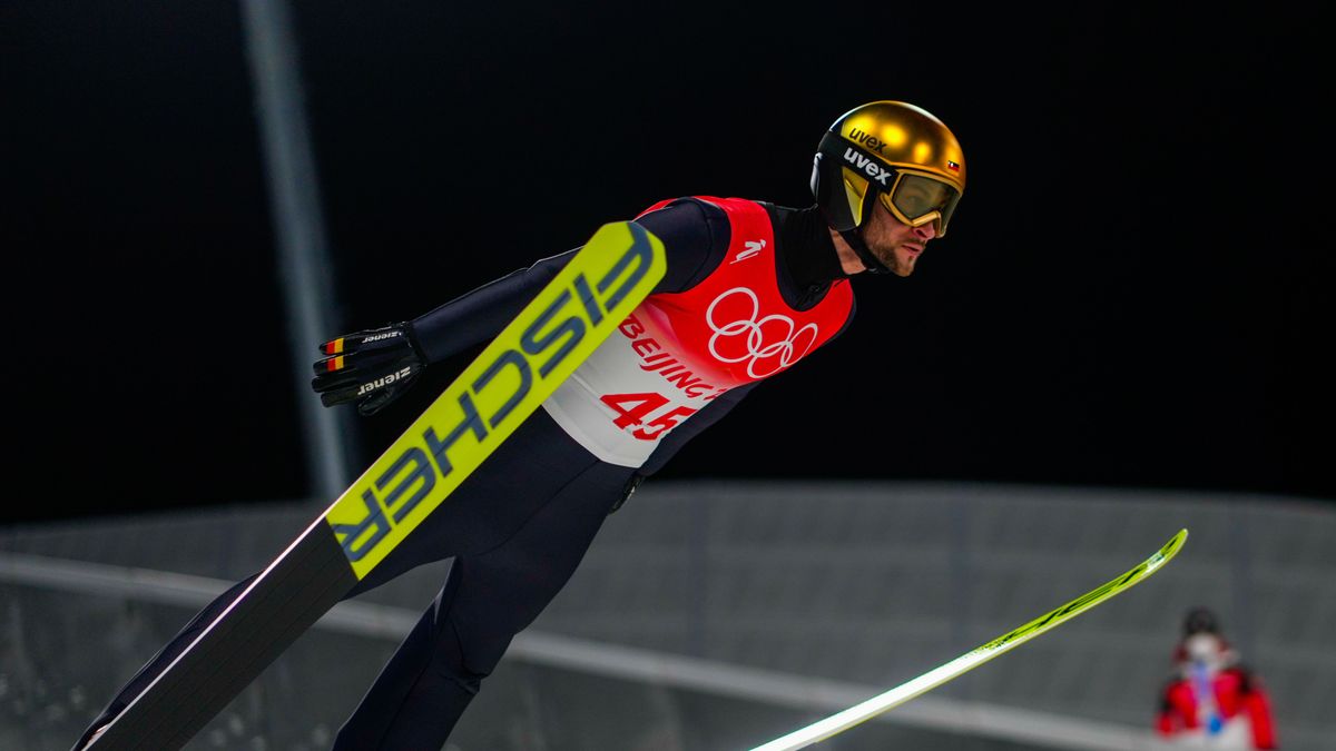 Markus Eisenbichler from Germany during Ski Jumping at the Beijing 2022 Winter Olympic Games at Zhangjiakou Genting Snow Park on February 6, 2022 in Zhangjiakou, China. (Photo by Ulrik Pedersen/NurPhoto via Getty Images)