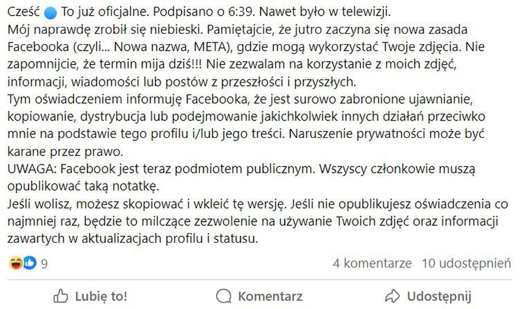 Przykładowa treść "oświadczenia", która krąży po Facebooku