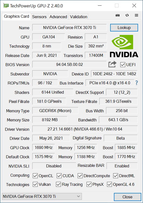 GeForce RTX 3070 Ti GPU-Z