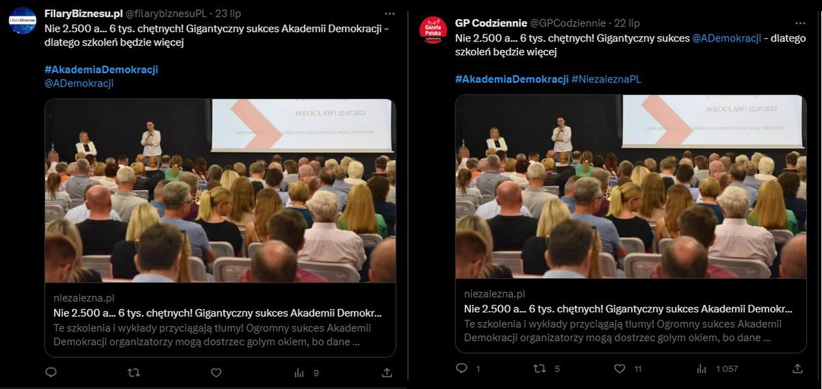 Promocja Akademii Demokracji na twitterowych kontach "Gazety Polskiej Codziennie" i portalu filarybiznesu.pl