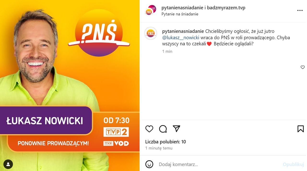 Łukasz Nowicki wraca do prowadzenia "Pytania na śniadanie"