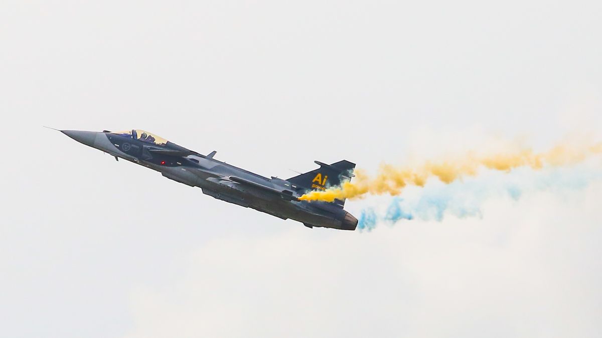 A Saab JAS-39E Gripen performs at the Flight Days 2026 event in Malmen, Linkoping, Sweden, on August 22, 2026. The Swedish Air Force is celebrating its 100th anniversary with several events throughout the year. (Photo by Pradeep Dambarage/NurPhoto via Getty Images)