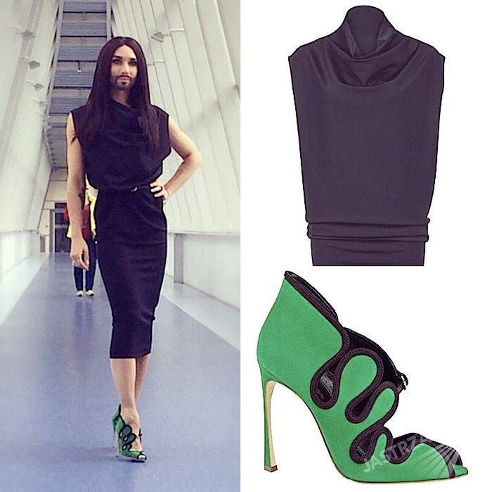 Conchita Wurst w Pytaniu na śniadanie - buty Sergio Rossi, sukienka Wolford