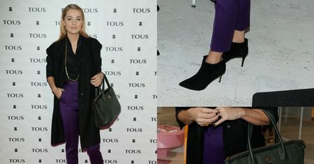 Małgorzata Socha w eleganckich, fioletowych spodniach i wełnianej kamizelce