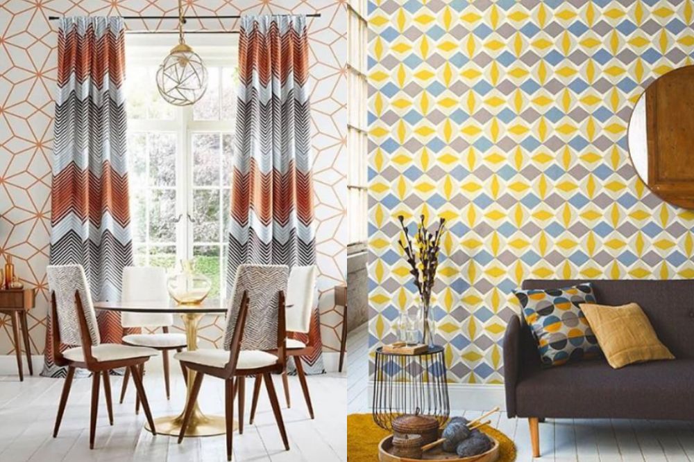 Geometryczne tapety na jedną ścianę do salonu nawiązują do stylu art deco 