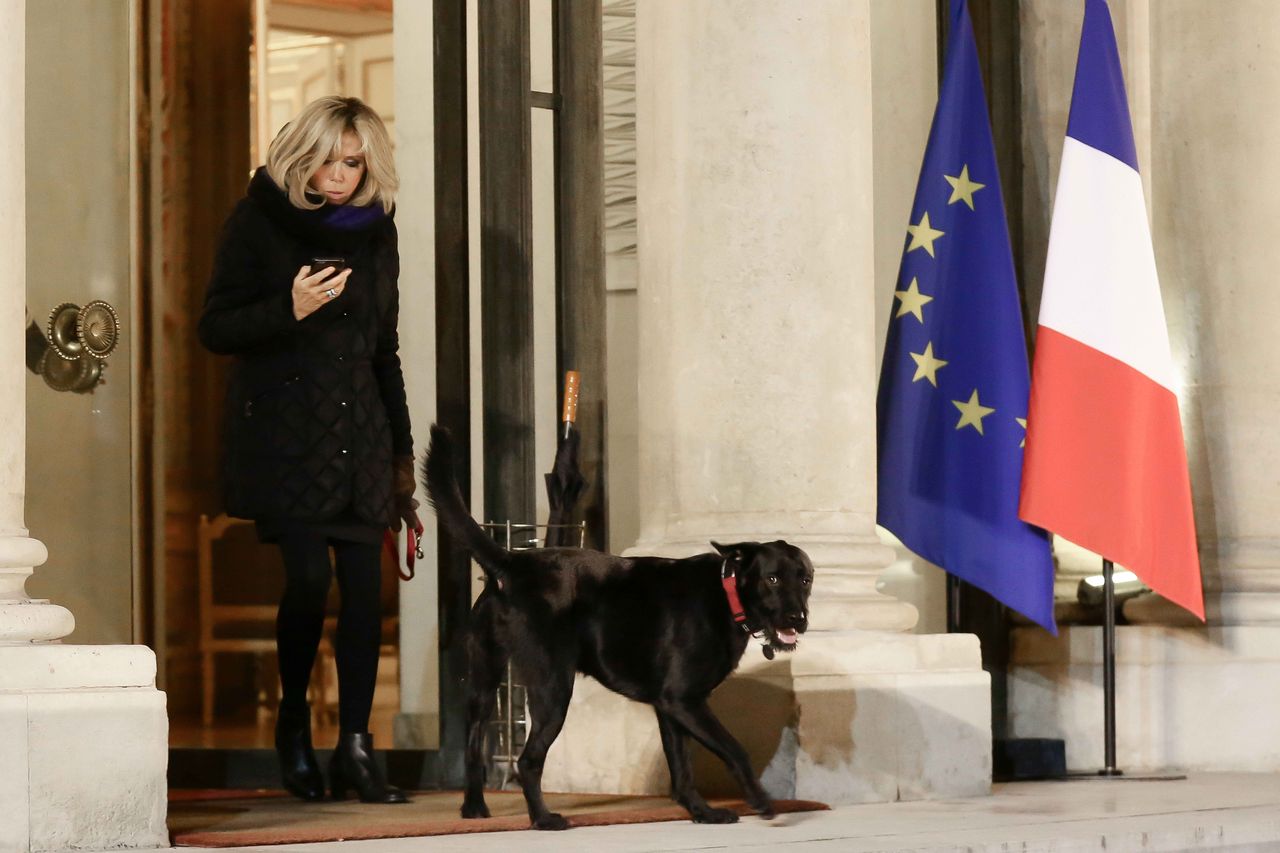 Brigitte Macron na spacerze z psem