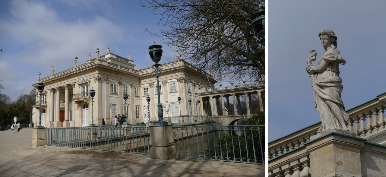 Dwa zdjęcia wykonane z tego samego miejsca, prezentują zakres kątów widzenia zooma. Figura z prawego zdjęcia to ta najbliższa, z narożnika pałacu.© Paweł Baldwin