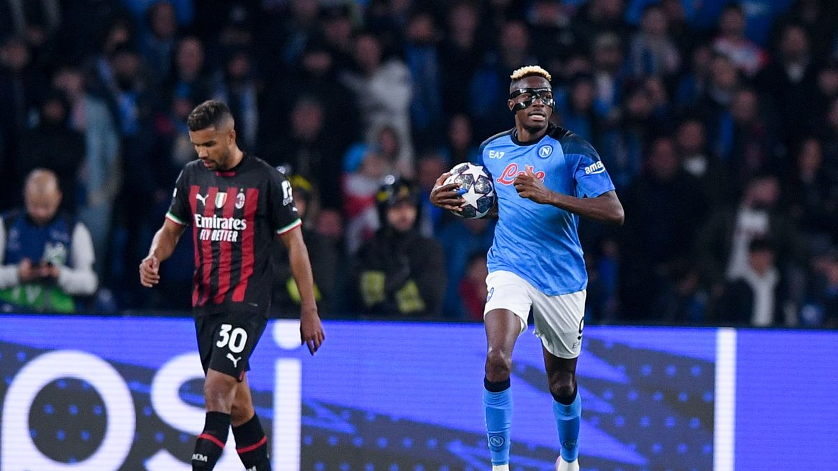 Victor Osimhen of SSC Napoli keeps the ball in his hands after scoring first goal during the UEFA Champions League quarter final second leg match between SSC Napoli and AC Milan at  Stadio Diego Armando Maradona, on 18 April, 2023 in Naples, Italy. (Photo by Giuseppe Maffia/NurPhoto via Getty Images)