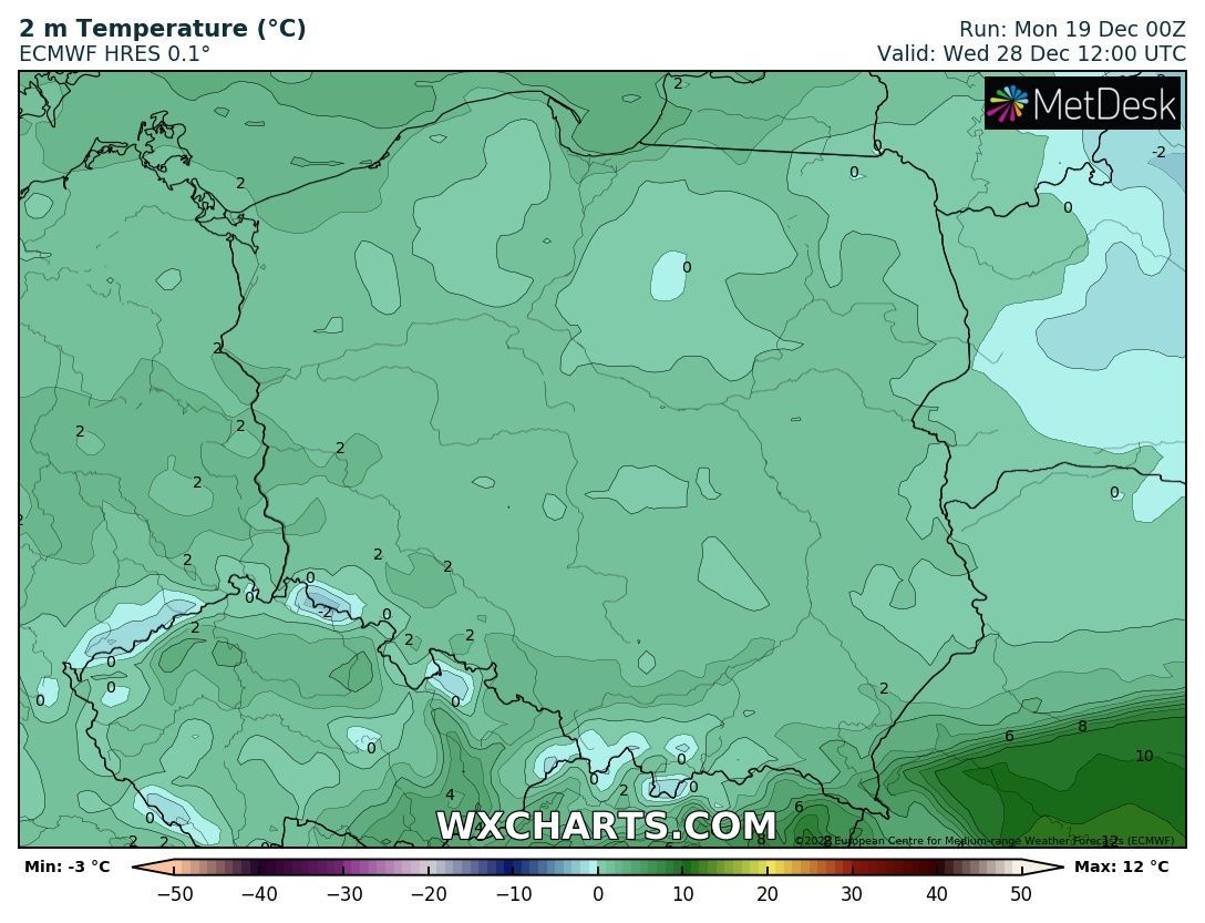 Prognozowany zakres temperatury - 28 grudnia 2022, godzina 11:00