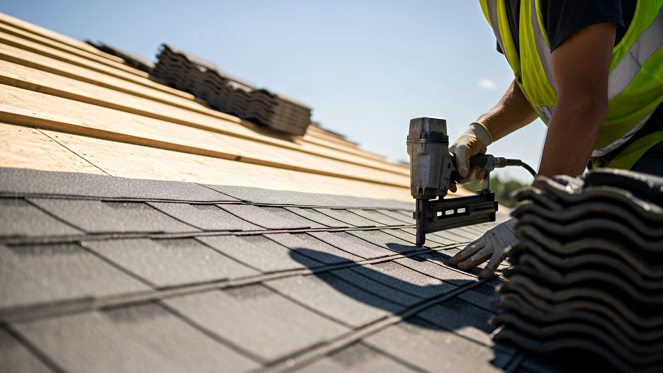 Construction worker using nail gun to install gray asphalt shingles on roof under clear blue sky with bright natural lighting, perfect for construction and home improvement marketing.
roofer, roofing, roof, nail gun, shingle, installing, construction, worker, gray, asphalt, protective gear, building, structure, house, property, home, repair, improvement, sunny, outdoor, sky, blue, bright, natural, daylight, renovation, construction worker, building trades, trade, labor, carpentry, residential, architecture, home improvement, maintenance, roofer, roofing, roof, nail gun, shingle, installing, construction, worker, gray, asphalt, protective gear, building, structure, house, property, home, repair, improvement, sunny, outdoor, sky, blue, bright, natural, daylight, renovation, construction worker, building trades, trade, labor, carpentry, residential, architecture, home improvement, maintenance