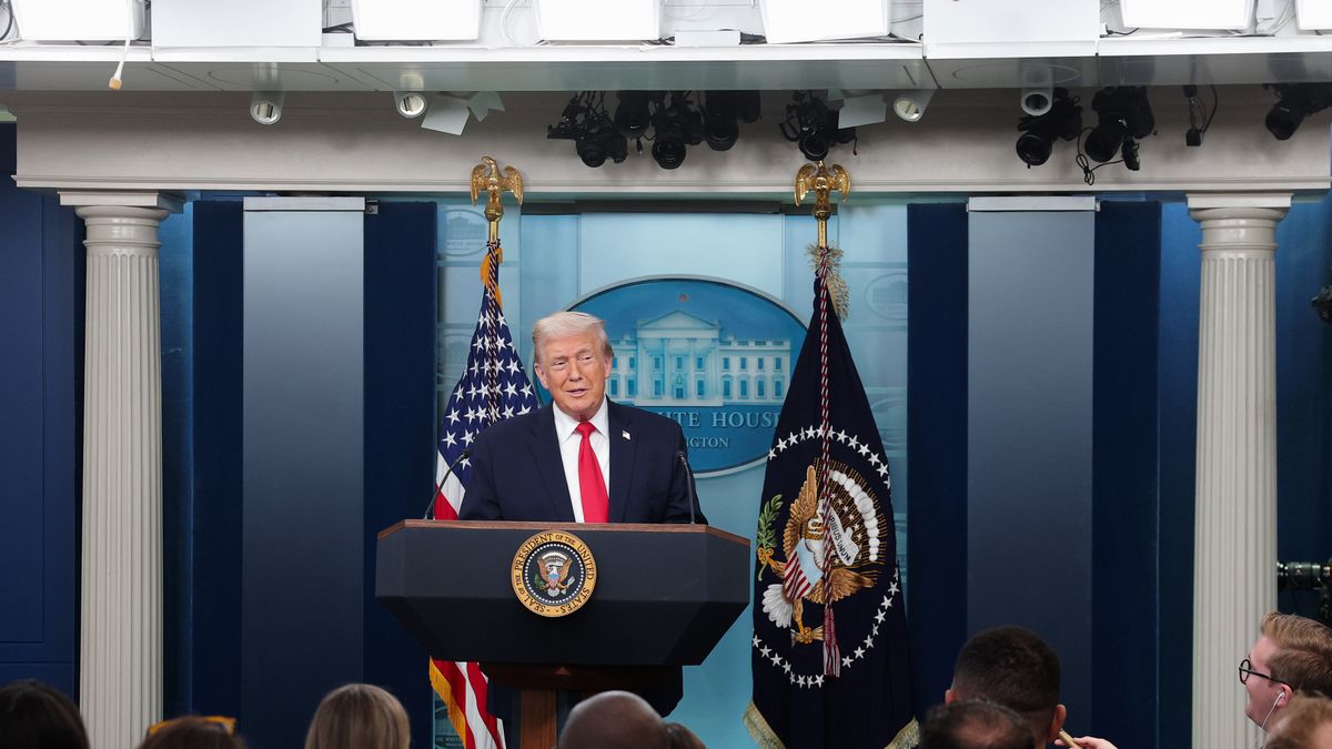 WASHINGTON, DC - JANUARY 20: U.S. President Donald Trump speaks to the media during a press briefing in the James S. Brady Press Briefing Room of the White House on January 20, 2026 in Washington, DC. White House Press Secretary Karoline Leavitt was joined by President Trump days after the president threatened a 10% import tax on goods from eight European countries that have rallied around Denmark amid Trump's calls for the U.S. to take control of Greenland, a semi-autonomous Danish territory. (Photo by Kevin  Dietsch/Getty Images)