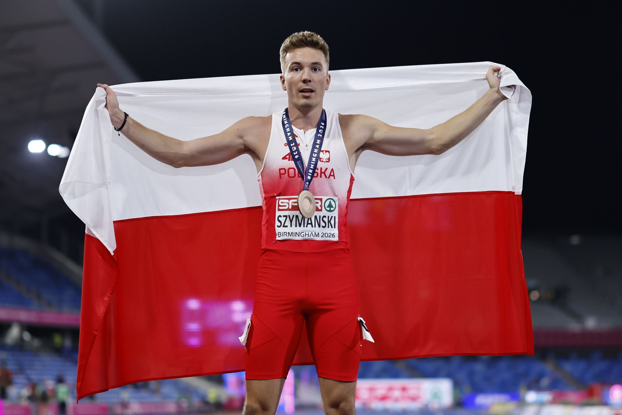 Bronze medalist Jakub Szymanski celebrates after the 110m Hurdles Men during the European Athletics Championships Birmingham 2026, Birmingham, Britain, 12 August 2026. EPA/TOLGA AKMEN Dostawca: PAP/EPA.