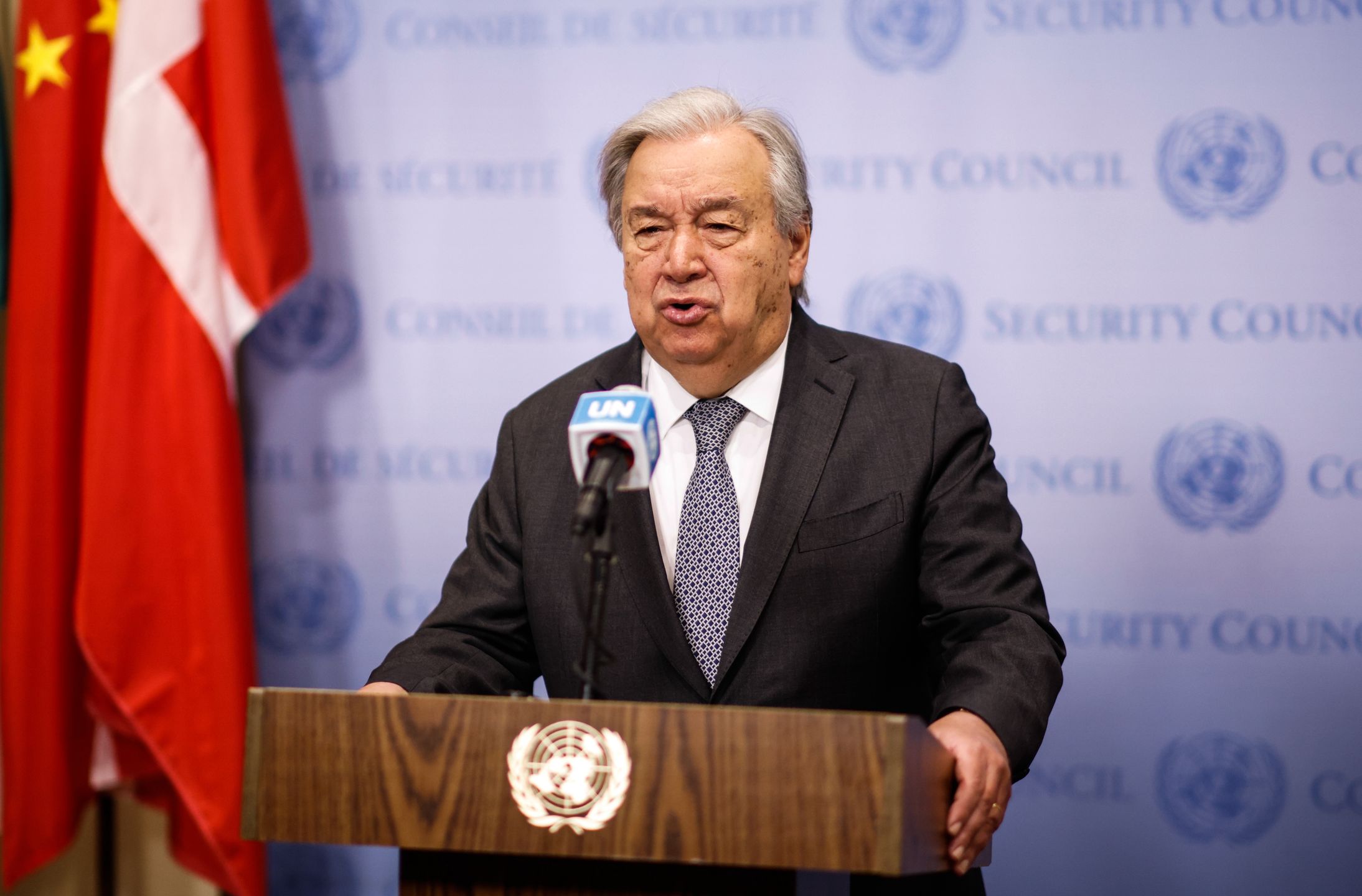 NEW YORK, NY - APRIL 21: United Nations Secretary-General Antonio Guterres speaks on the passing of Pope Francis on April 21, 2025 at U.N. Headquarters in New York City. The Vatican announced that Pope Francis, 88, died on Monday at 07:35 local time (05:35 GMT) and "the Bishop of Rome, Francis, returned to the home of the Father". His death comes after he appeared in St Peter's Square on Easter Sunday, greeting thousands of worshippers. His body will be transferred to St Peter's basilica on Wednesday morning to allow members of the public to pay their respects. (Photo by Kena Betancur/VIEWpress/Getty Images)