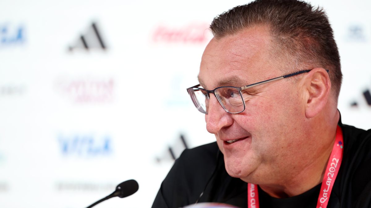 DOHA, QATAR - DECEMBER 03: Czeslaw Michniewicz, Head Coach of Poland, reacts during Poland press conference on match day -1 at Main Media Center on December 03, 2022 in Doha, Qatar. (Photo by Hector Vivas - FIFA/FIFA via Getty Images)