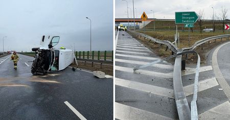 Bus uderzył w bariery i przewrócił się na bok. Groźne zdarzenie na S3
