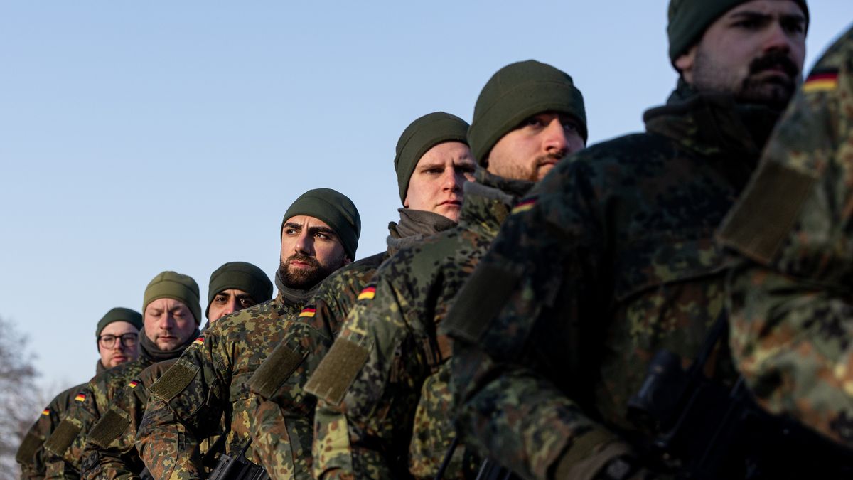 KAUNAS, LITHUANIA - FEBRUARY 4: German Bundeswehr troops march during a public ceremony to mark the expansion of Germany's Lithuania military commitment on February 4, 2026 in Kaunas, Lithuania. Germany leads a multi-national, NATO contingent in Lithuania with its Lithuania Armoured Brigade 45. The unit was recently expanded to include two additional armoured infantry battalions. Germany is building a new military base in southeastern Lithuania that will accommodate up to 5,000 personnel. (Photo by Paulius Peleckis/Getty Images)