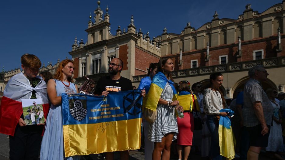 Ukrainian Independence Day Proudly Celebrated By Diaspora In Krakow
KRAKOW, POLAND - AUGUST 24:
Members of the Ukrainian diaspora in Krakow celebrate Ukrainian Independence Day with various events, including a rally, a march through Krakow's Old Town and a demonstration outside the Russian consulate, proudly displaying flags, posters and messages in unity and support of Ukraine, on August 24, 2024, in Krakow, Lesser Poland Voivodeship, Poland. (Photo by Artur Widak/NurPhoto via Getty Images)
NurPhoto