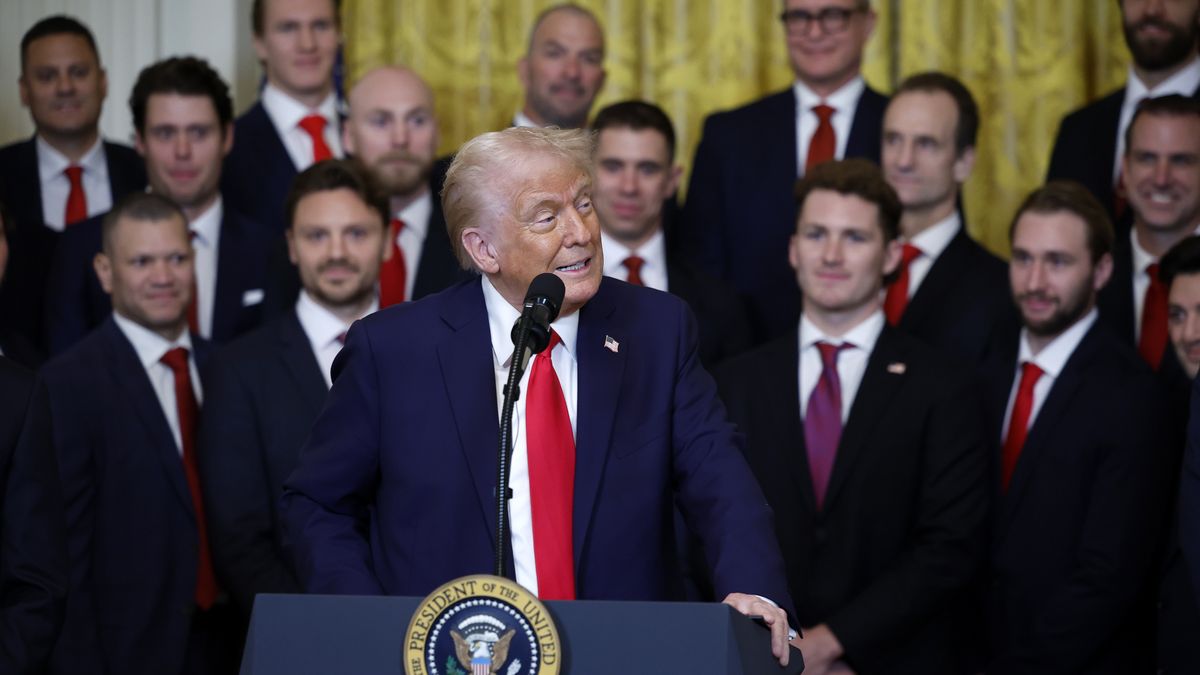 WASHINGTON, DC - FEBRUARY 03: U.S. President Donald Trump delivers remarks as he honored the 2024 Stanley Cup Champions Florida Panthers in the East Room of the White House on February 03, 2025 in Washington, DC. The Florida Panthers are the 2024 Stanley Cup Champions. (Photo by Kevin Dietsch/Getty Images)