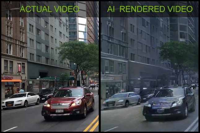 Stopklatka z rzeczywistego nagrania (po lewej) oraz wyrenderowanego materiału przez SI (po prawej), źródło: NVIDIA.