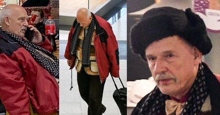 Samotny Korwin-Mikke ciągnie walizkę do tramwaju (ZDJĘCIA)