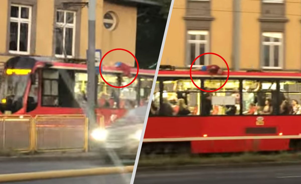 Mężczyzna na dachu tramwaju w Chorzowie