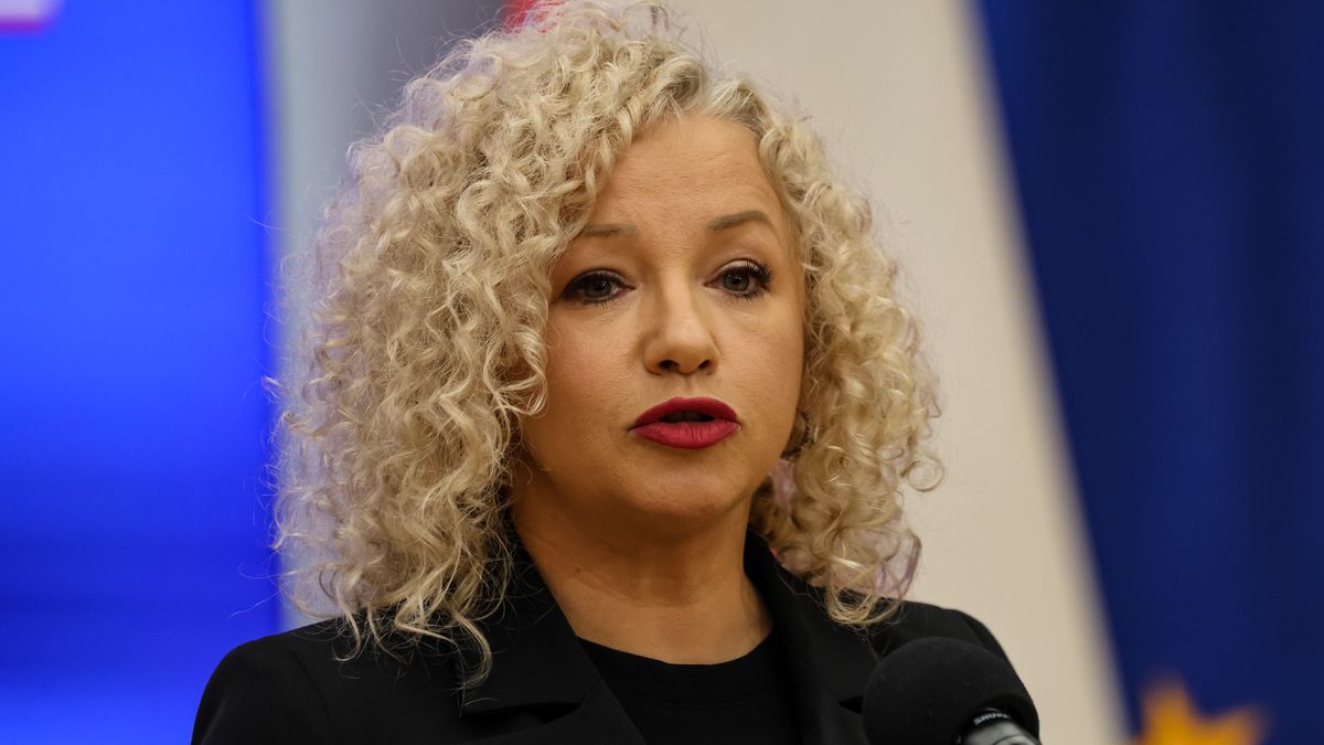 Minister of Equality, Katarzyna Kotula speaks during a press conference dedicated to LGBTQ+ groups equality in Polish schools in the Chancellery of the Prime Minister of Poland in Warsaw, the capital on February 5, 2024. Current government took over power in Poland on December 13 2023 from the Law and Justice far-right political party, which has ruled for 8 years. Law and Justice marginalized LGBRQ+ peoples. The Minister says it is important to take LGBTQ+ young people under more systematic care because, as research shows, the group has more tendency to be discriminated that leads to depressions and suicides. (Photo by Dominika Zarzycka/NurPhoto via Getty Images)