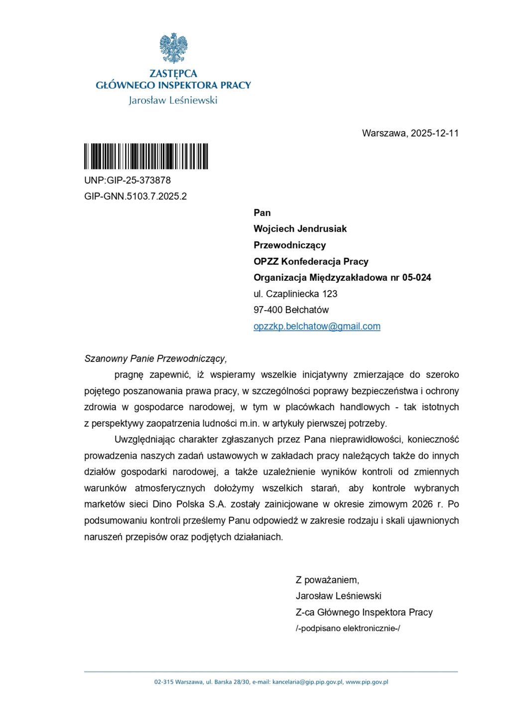 Pismo GIP do związkowców Dino