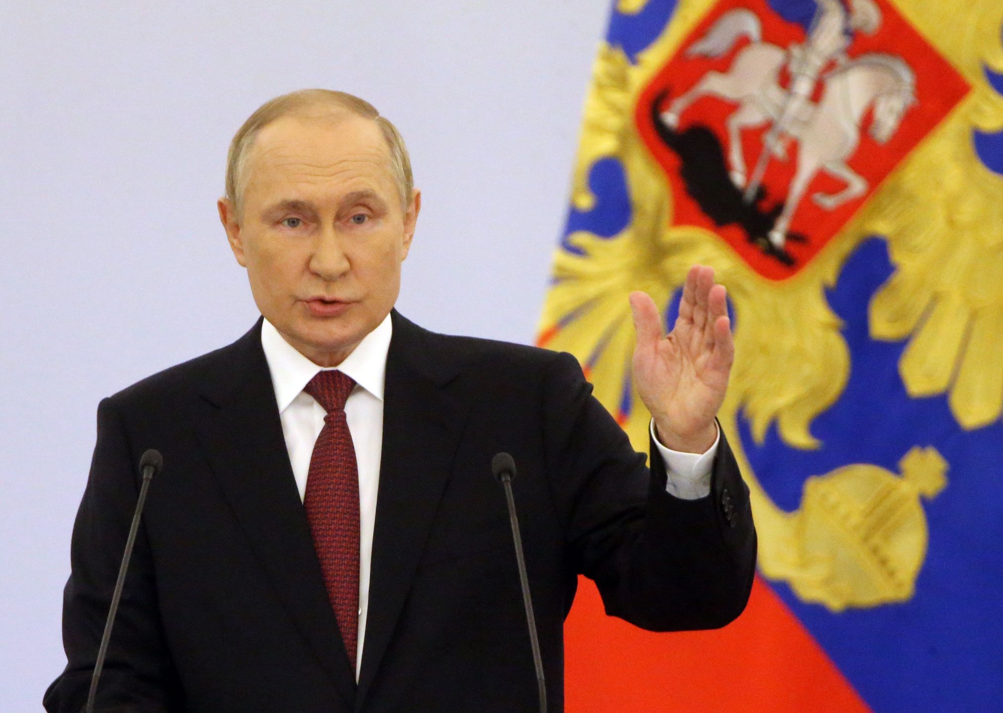 Russian President Vladimir Putin Hosts Ceremony With Separatist Leaders Of Ukrainian Regions After Referendum
MOSCOW, RUSSIA - SEPTEMBER 30 (RUSSIA OUT) Russian President Vladimir Putin speaks during the signing ceremony with separatist leaders on the annexation of four Ukrainian regions at the Grand Kremlin Palace, on September 30, 2022 in Moscow, Russia. Separatist leaders of annexed Donetsk, Lugansk, Kherson and Zaporizhzhya regions of Ukriane have arrived in Moscow to sign joint documents. (Photo by Contributor/Getty Images)
Contributor