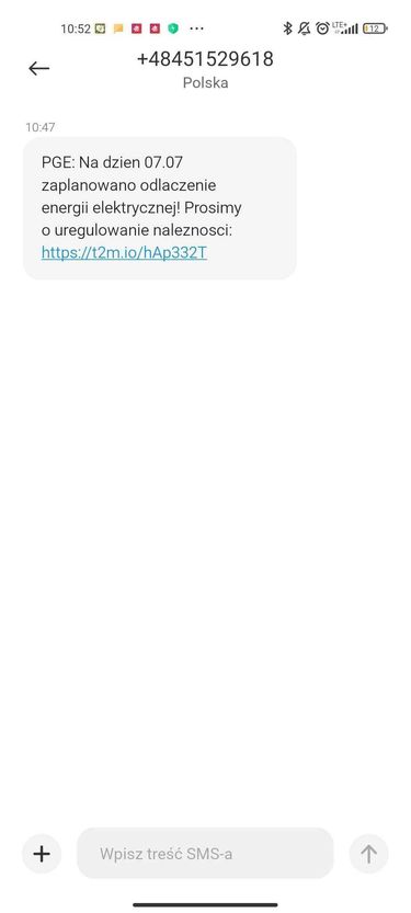 Fałszywy SMS o wyłączeniu energii elektrycznej.