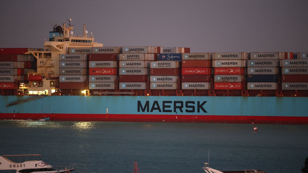 The Maersk Sentosa container ship sails southbound to exit the Suez Canal in Suez, Egypt, on Thursday, Dec. 21, 2023. A steep decline in the number of tankers entering a vital Red Sea conduit suggests that attacks on ships in the area are further disrupting a key artery of global trade. Photographer: Stringer/Bloomberg via Getty Images