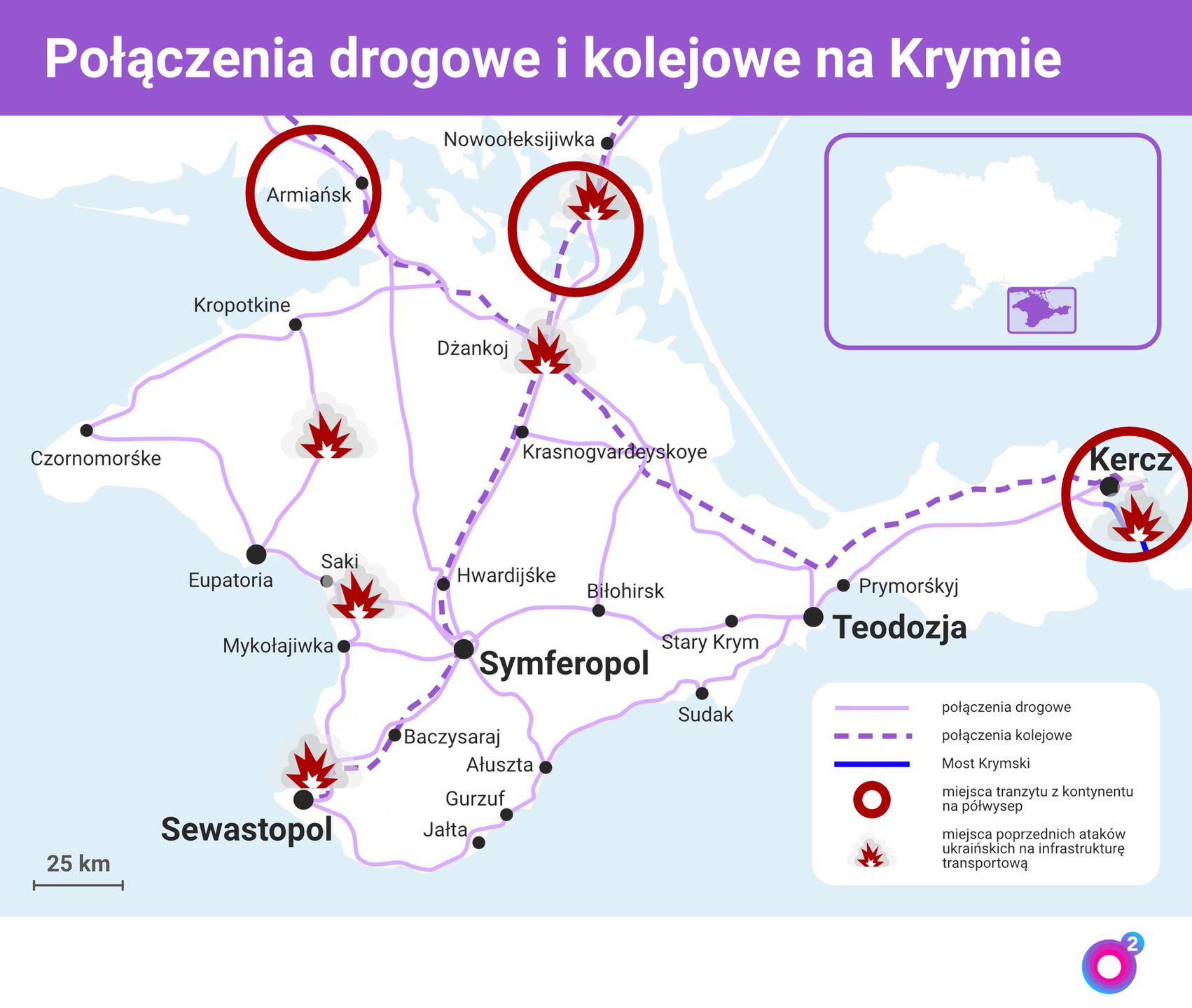 Najważniejsze połączenia lądowe na Krymie i miejsca, gdzie Ukraińcy już atakowali