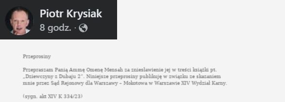 Wpis Piotra Krysiaka na Facebooku