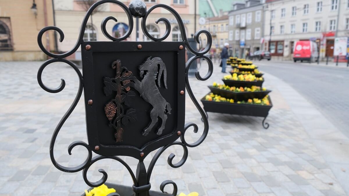 Bratki w nowych donicach przed Bramą Krakowską w Lublinie