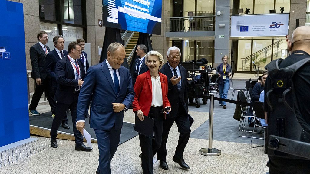European Council Summit In Brussels
Ursula von der Leyen president of the European Commission spotted walking towards the joint press conference after the end of the European Council summit with PM of Poland Donald Tusk and the President of the European Council António Costa, while talking and smiling after the EU leaders meeting at the headquarters of the Council. Leaders discussed about the Middle East crisis, Ukraine, EU in the world and competitiveness, Migration and European Defense and security, Moldova, Western Balkans and Internal Security, preparedness and hybrid activities. Brussels, Belgium on June 26, 2025 (Photo by Nicolas Economou/NurPhoto via Getty Images)
NurPhoto
joint press conference, press, head the commission, german, journalists, middle east crisis, brussels, arrive, antónio costa, european political party, president of the european commission, eu leaders, epp, european peoples party, eu competitiveness, woman, closeup, close up, capital, polish, antonio costa, european council summit, eu leaders meeting, indoor, prime minister of spain, summit, attend, group