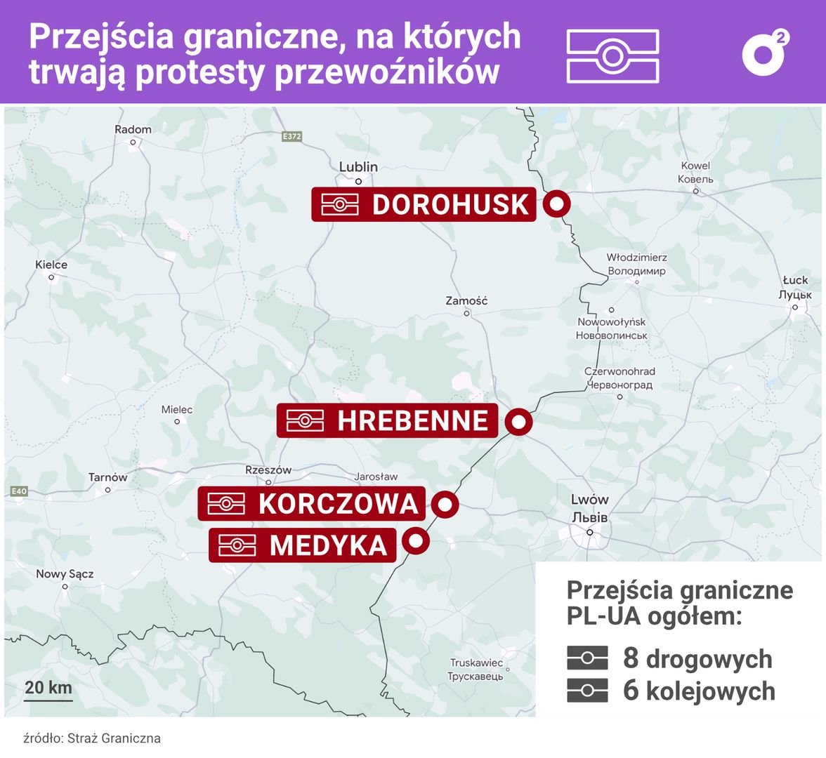 Protesty trwają na drogach dojazdowych do czterech przejść granicznych