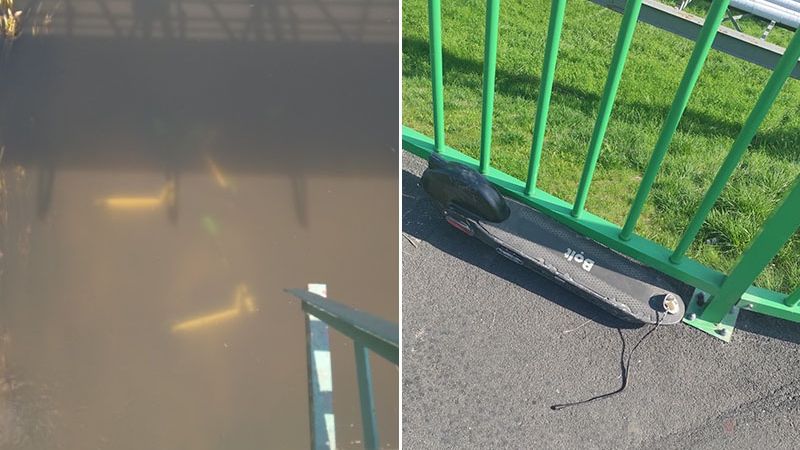 Trzy hulajnogi wrzucone do rzeki Bystrzyca, kolejna przy ulicy bez kierownicy