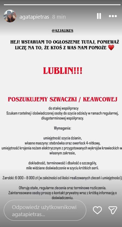 Ogłoszenie o pracę u Agaty Pietras, córki Beaty Kozidrak