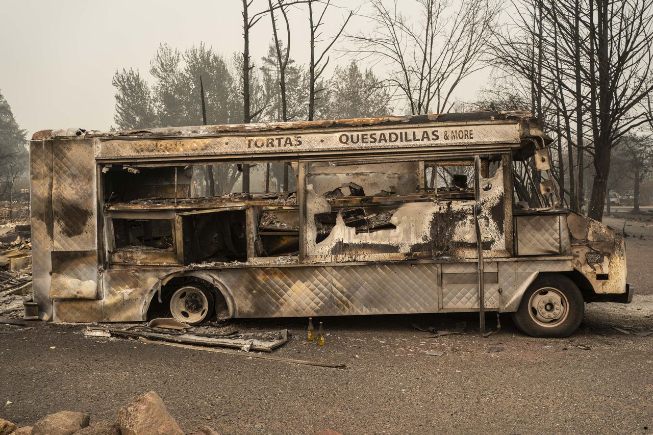 TALENT, OR - SEPTEMBER 13: A burnt taco truck sits in a neighborhood destroyed by wildfire on September 13, 2020 in Talent, Oregon. Hundreds of homes in Talent and nearby towns have been lost due to wildfire. (Photo by David Ryder/Getty Images)