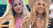 Madzia Wójcik z Marceliną Zawadzką bawią się na festiwalu. Stylizacje piękne, tylko ten napis w tle… Co za niefart
